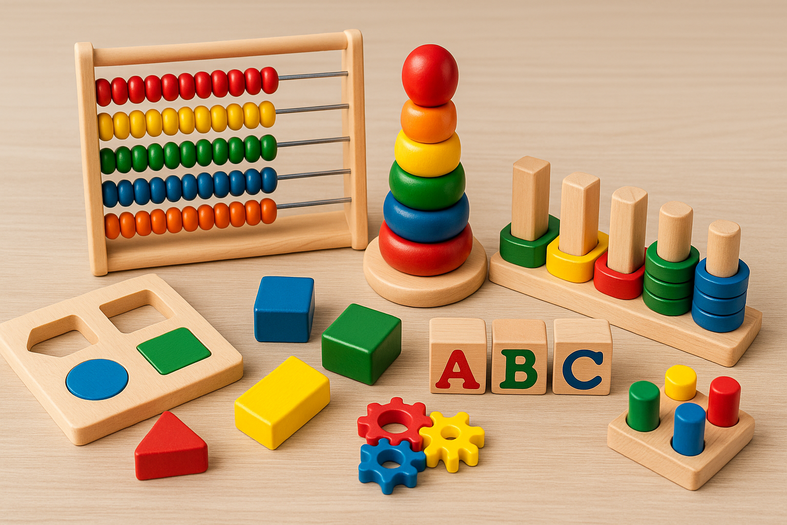 Brinquedos educativos: blocos, ábaco e peças coloridas sobre a mesa
