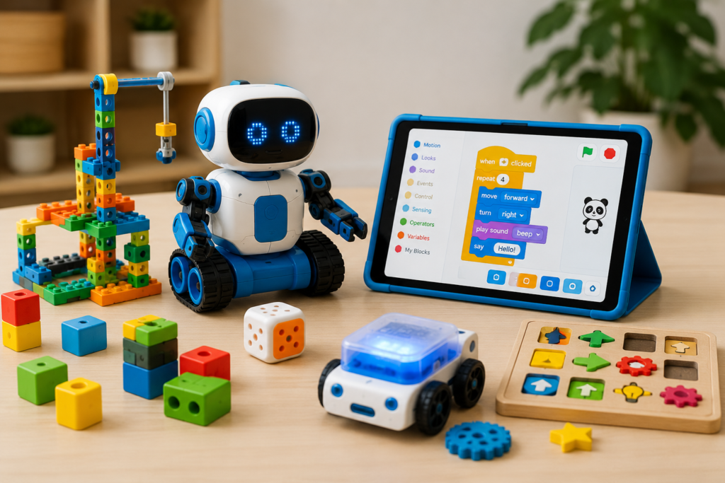 Robô educativo, blocos de montar e tablet interativo para desenvolver criatividade, lógica e programação infantil.